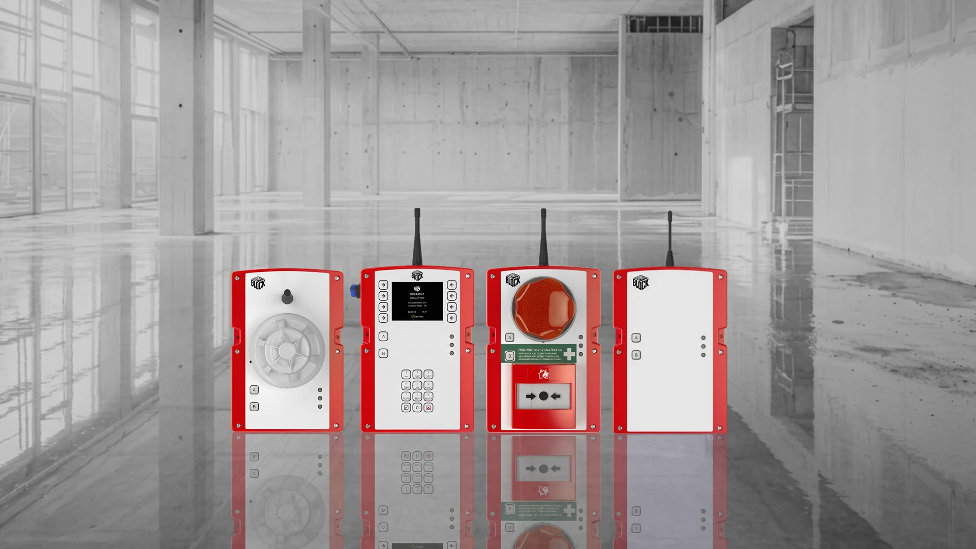 Block Fire wireless construction fire and evacuation units — control unit, call point, detector and repeater — on a live UK construction site.